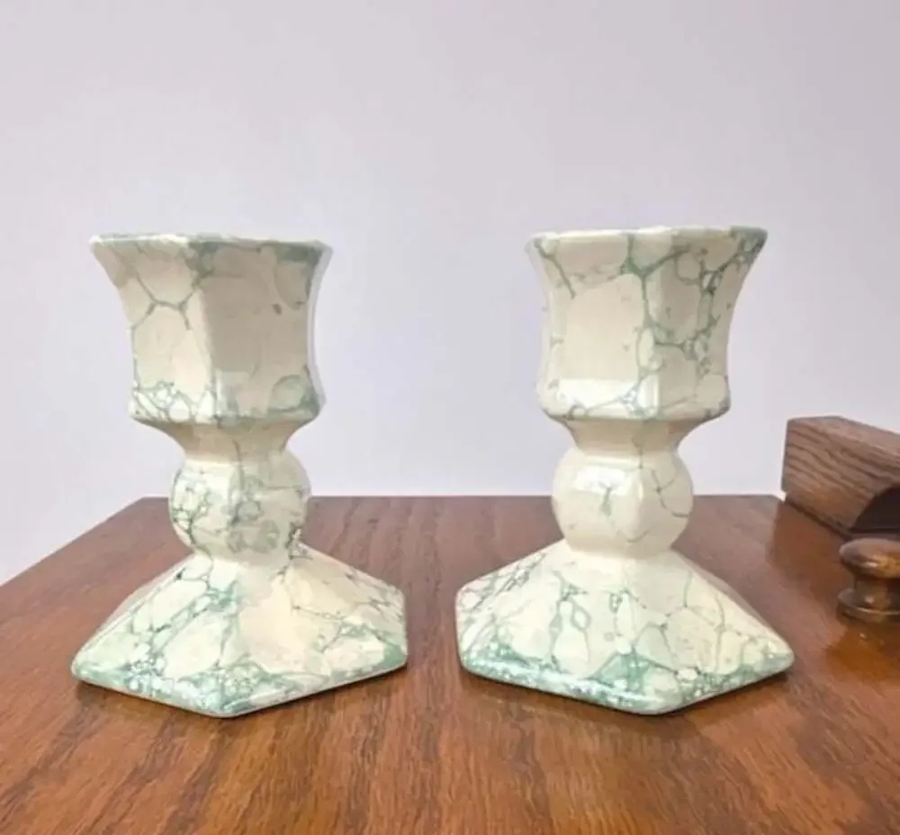 Vintage Partylite Green and White Marbled Ceramic CandleHolders, Pair